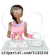 Happy Woman Wearing An Apron And Gloves While Washing Dishes