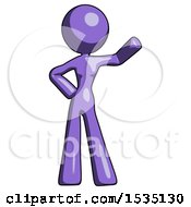 Purple Design Mascot Woman Waving Left Arm With Hand On Hip
