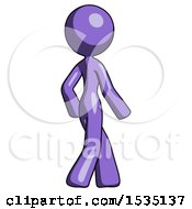 Purple Design Mascot Woman Walking Away Direction Right View