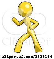 Yellow Design Mascot Woman Martial Arts Defense Pose Left