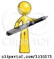 Yellow Design Mascot Woman Posing Confidently With Giant Pen