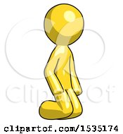 Yellow Design Mascot Man Kneeling Angle View Right