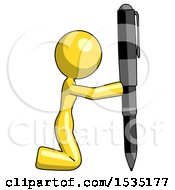 Yellow Design Mascot Woman Posing With Giant Pen In Powerful Yet Awkward Manner Because Funny