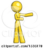 Yellow Design Mascot Woman Presenting Something To Her Left