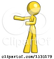 Poster, Art Print Of Yellow Design Mascot Woman Presenting Something To Her Right