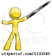 Yellow Design Mascot Man Demonstrating That Indeed The Pen Is Mightier