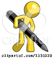 Yellow Design Mascot Man Writing With A Really Big Pen