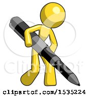 Yellow Design Mascot Woman Writing With A Huge Pen