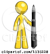 Yellow Design Mascot Woman Holding Large Pen
