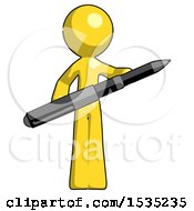 Yellow Design Mascot Man Posing Confidently With Giant Pen