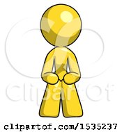 Yellow Design Mascot Woman Squatting Facing Front