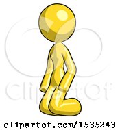 Yellow Design Mascot Woman Kneeling Angle View Left