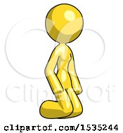 Yellow Design Mascot Woman Kneeling Angle View Right