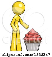 Yellow Design Mascot Woman With Giant Cupcake Dessert