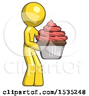 Poster, Art Print Of Yellow Design Mascot Man Holding Large Cupcake Ready To Eat Or Serve