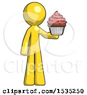 Poster, Art Print Of Yellow Design Mascot Man Presenting Pink Cupcake To Viewer