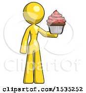 Poster, Art Print Of Yellow Design Mascot Woman Presenting Pink Cupcake To Viewer