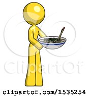 Poster, Art Print Of Yellow Design Mascot Woman Holding Noodles Offering To Viewer