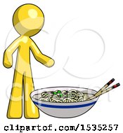 Poster, Art Print Of Yellow Design Mascot Man And Noodle Bowl Giant Soup Restaraunt Concept