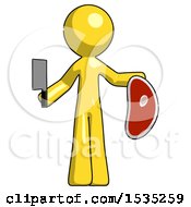 Poster, Art Print Of Yellow Design Mascot Man Holding Large Steak With Butcher Knife