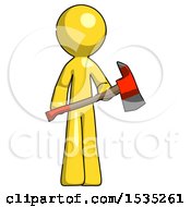 Poster, Art Print Of Yellow Design Mascot Man Holding Red Fire Fighters Ax