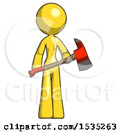 Poster, Art Print Of Yellow Design Mascot Woman Holding Red Fire Fighters Ax