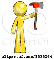 Poster, Art Print Of Yellow Design Mascot Man Holding Up Red Firefighters Ax