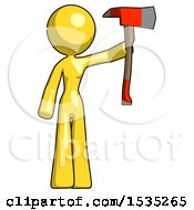 Poster, Art Print Of Yellow Design Mascot Woman Holding Up Red Firefighters Ax