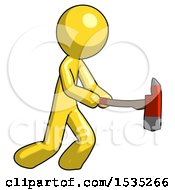 Poster, Art Print Of Yellow Design Mascot Man With Ax Hitting Striking Or Chopping