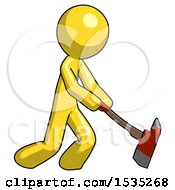 Poster, Art Print Of Yellow Design Mascot Man Striking With A Red Firefighters Ax