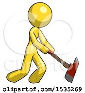 Poster, Art Print Of Yellow Design Mascot Woman Striking With A Red Firefighters Ax