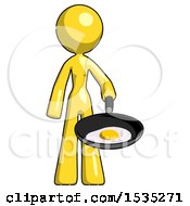 Poster, Art Print Of Yellow Design Mascot Woman Frying Egg In Pan Or Wok