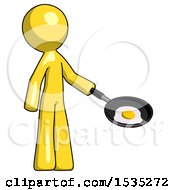 Yellow Design Mascot Man Frying Egg In Pan Or Wok Facing Right