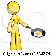 Poster, Art Print Of Yellow Design Mascot Woman Frying Egg In Pan Or Wok Facing Right