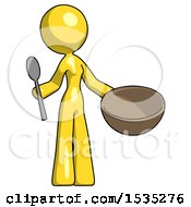 Poster, Art Print Of Yellow Design Mascot Woman With Empty Bowl And Spoon Ready To Make Something