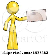Yellow Design Mascot Woman Holding Large Envelope
