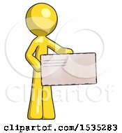 Poster, Art Print Of Yellow Design Mascot Man Presenting Large Envelope