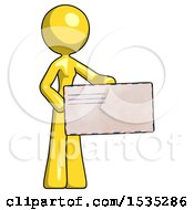 Poster, Art Print Of Yellow Design Mascot Woman Presenting Large Envelope