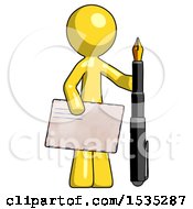 Yellow Design Mascot Man Holding Large Envelope And Calligraphy Pen