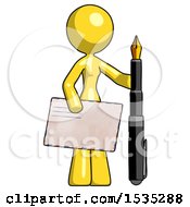 Poster, Art Print Of Yellow Design Mascot Woman Holding Large Envelope And Calligraphy Pen