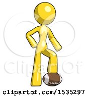 Poster, Art Print Of Yellow Design Mascot Woman Standing With Foot On Football