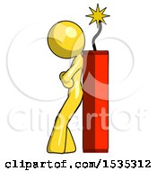 Poster, Art Print Of Yellow Design Mascot Woman Leaning Against Dynimate Large Stick Ready To Blow