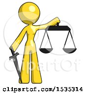 Poster, Art Print Of Yellow Design Mascot Woman Justice Concept With Scales And Sword Justicia Derived