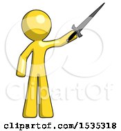 Poster, Art Print Of Yellow Design Mascot Man Holding Sword In The Air Victoriously