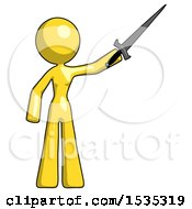 Poster, Art Print Of Yellow Design Mascot Woman Holding Sword In The Air Victoriously