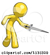 Yellow Design Mascot Man Sword Pose Stabbing Or Jabbing