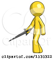 Yellow Design Mascot Man With Sword Walking Confidently