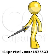 Poster, Art Print Of Yellow Design Mascot Woman With Sword Walking Confidently
