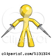 Yellow Design Mascot Man Two Sword Defense Pose