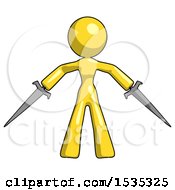 Yellow Design Mascot Woman Two Sword Defense Pose
